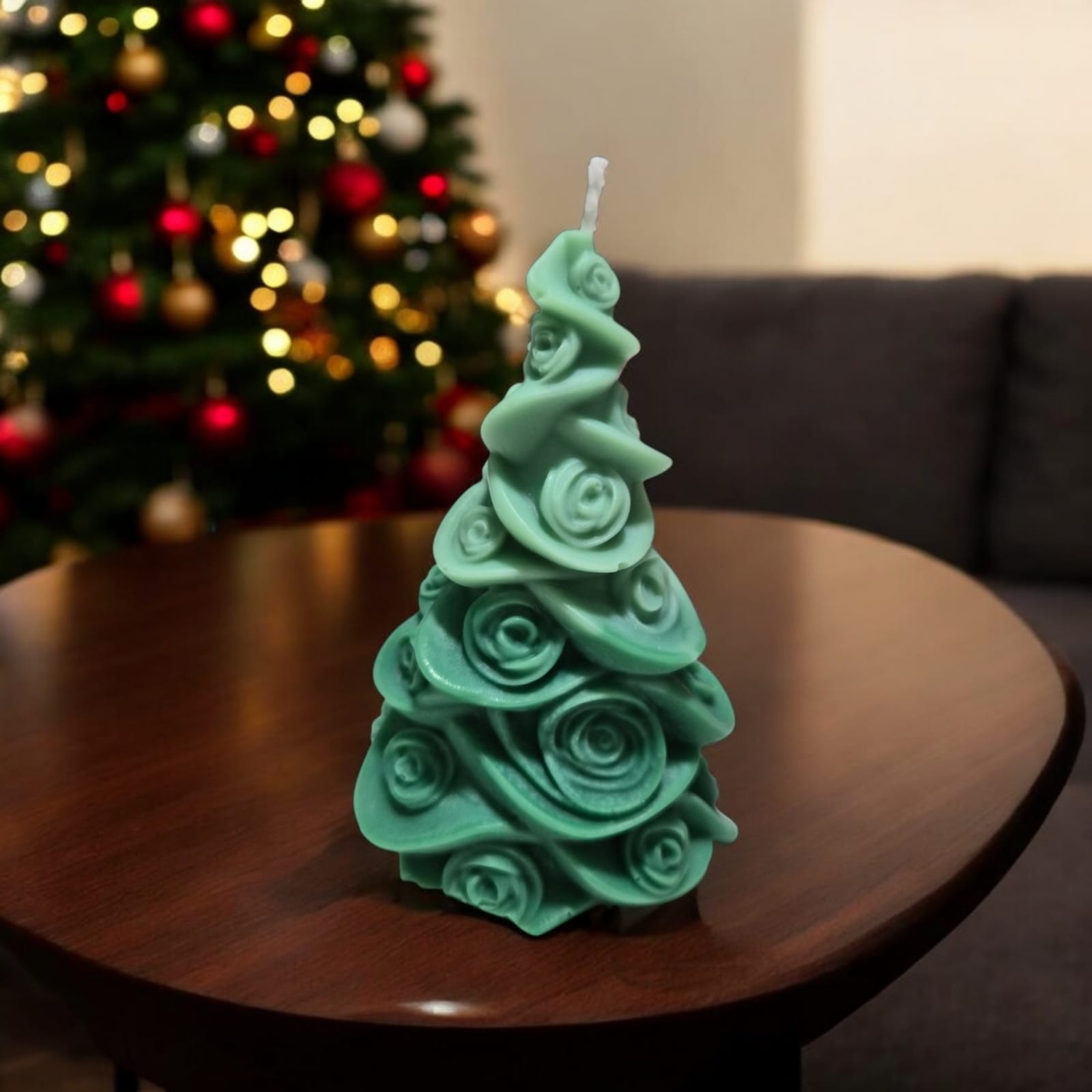 Rose Embossed Xmas Tree Candle Green