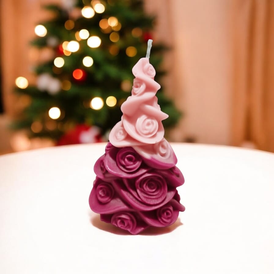 Rose Embossed Xmas Tree Candle Pink
